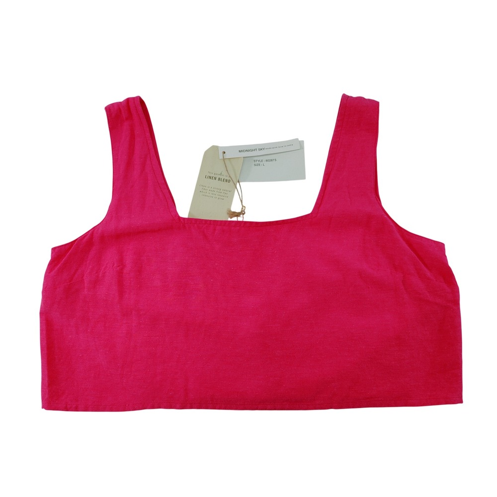 Midnight Sky Women Crop Tank Top L Pink Rayon Linen Blend Square Neck New